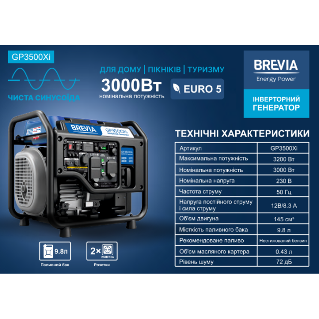 Генератор инверторный бензиновый BREVIA GP3500Xi Генератор инверторный бензиновый BREVIA GP3500Xi