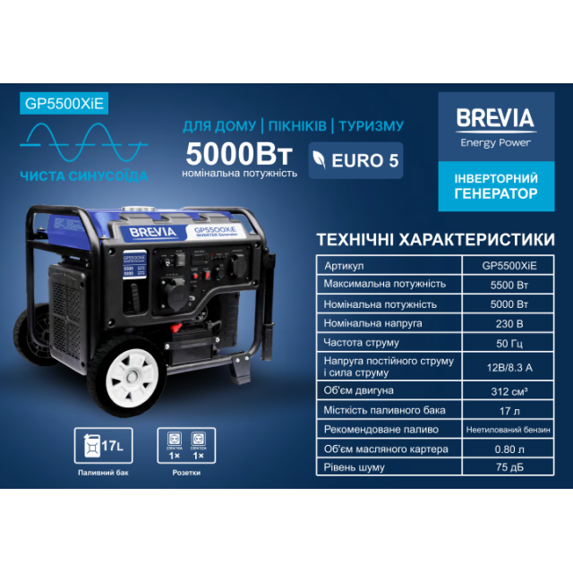 Генератор инверторный бензиновый BREVIA GP5500XiE, с электростартером Генератор инверторный бензиновый BREVIA GP5500XiE, с электростартером