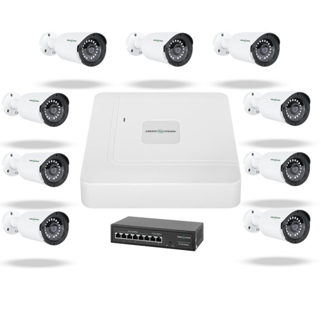 Комплект відеоспостереження на 9 IP камери 3MP для вулиці GreenVision GV-IP-K-W73/09 3MP Комплект відеоспостереження на 9 IP камери 3MP для вулиці GreenVision GV-IP-K-W73/09 3MP