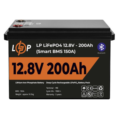 Аккумулятор LogicPower LP LiFePO4 12V (12,8V) - 200 Ah (2560Wh) (Smart BMS 150А) с BT пластик Аккумулятор LogicPower LP LiFePO4 12V (12,8V) - 200 Ah (2560Wh) (Smart BMS 150А) с BT пластик