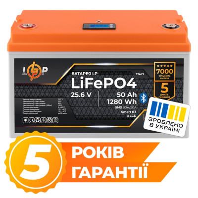 Аккумулятор LogicPower LP LiFePO4 25,6V - 50 Ah (1280Wh) (BMS 80A/50А) пластик LCD Smart BT Аккумулятор LogicPower LP LiFePO4 25,6V - 50 Ah (1280Wh) (BMS 80A/50А) пластик LCD Smart BT