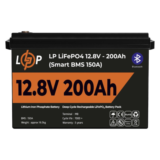 Акумулятор LogicPower LP LiFePO4 12V (12,8V) - 200 Ah (2560Wh) (Smart BMS 150А) з BT пластик Акумулятор LogicPower LP LiFePO4 12V (12,8V) - 200 Ah (2560Wh) (Smart BMS 150А) з BT пластик