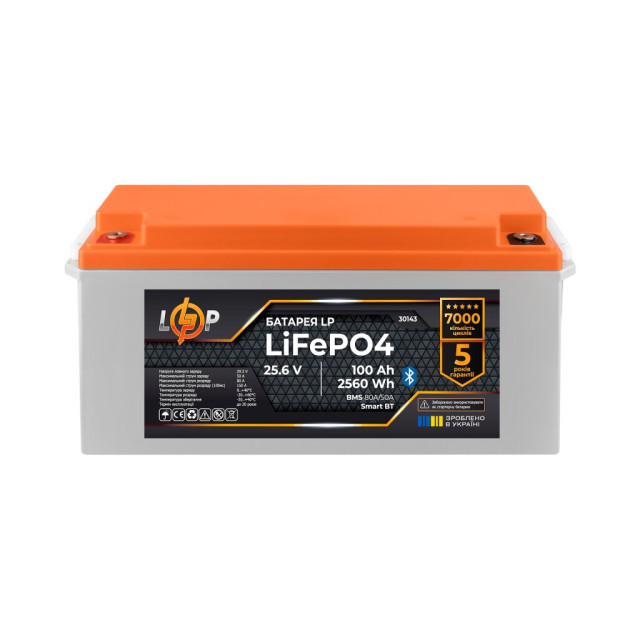 Акумулятор LogicPower LP LiFePO4 25,6V - 100 Ah (2560Wh) (BMS 80А/50) пластик Smart BT Акумулятор LogicPower LP LiFePO4 25,6V - 100 Ah (2560Wh) (BMS 80А/50) пластик Smart BT