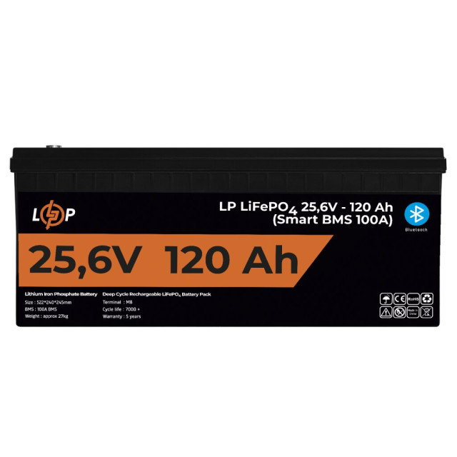 Аккумулятор LogicPower LP LiFePO4 25,6V - 120 Ah (3072Wh) (Smart BMS 100А) с BT пластик для ИБП Аккумулятор LogicPower LP LiFePO4 25,6V - 120 Ah (3072Wh) (Smart BMS 100А) с BT пластик для ИБП