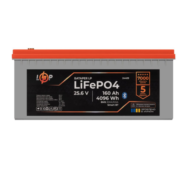 Акумулятор LogicPower LP LiFePO4 25,6V - 160 Ah (4096Wh) (BMS 200A/100А) пластик LCD Smart BT Акумулятор LogicPower LP LiFePO4 25,6V - 160 Ah (4096Wh) (BMS 200A/100А) пластик LCD Smart BT