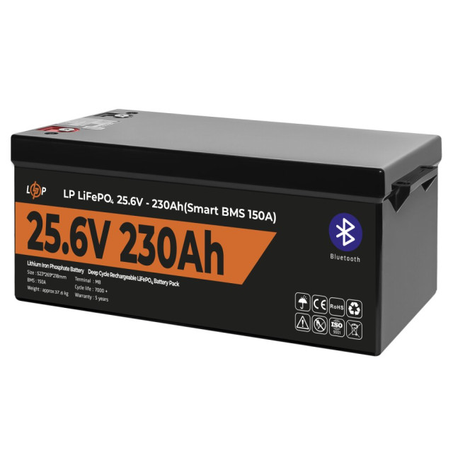 Аккумулятор LogicPower LP LiFePO4 25,6V - 230 Ah (5888Wh) (Smart BMS 150А) с BT пластик Аккумулятор LogicPower LP LiFePO4 25,6V - 230 Ah (5888Wh) (Smart BMS 150А) с BT пластик