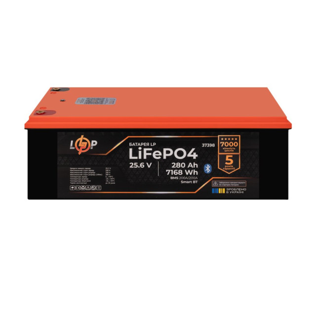 Акумулятор LogicPower LP LiFePO4 25,6V - 280 Ah (7168Wh) (BMS 200A/200А) пластик Smart BT Акумулятор LogicPower LP LiFePO4 25,6V - 280 Ah (7168Wh) (BMS 200A/200А) пластик Smart BT