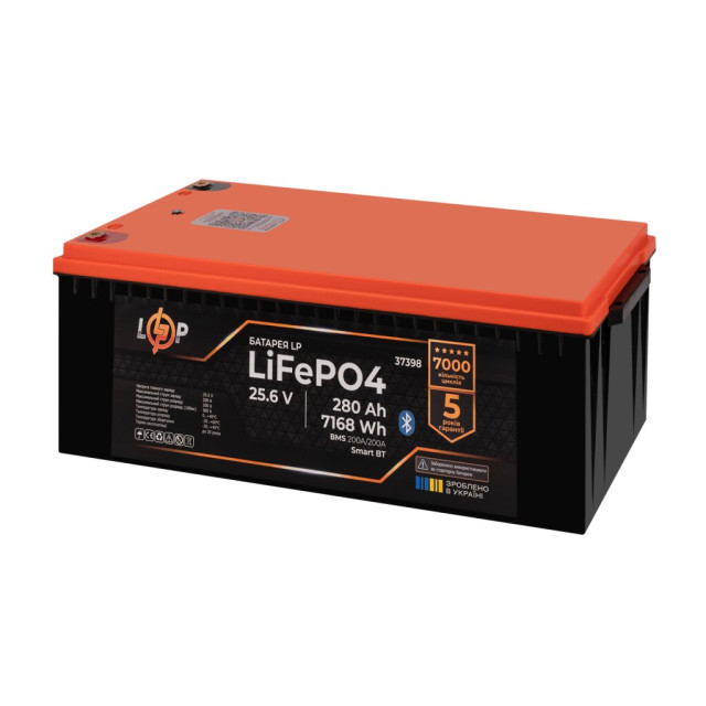 Акумулятор LogicPower LP LiFePO4 25,6V - 280 Ah (7168Wh) (BMS 200A/200А) пластик Smart BT Акумулятор LogicPower LP LiFePO4 25,6V - 280 Ah (7168Wh) (BMS 200A/200А) пластик Smart BT