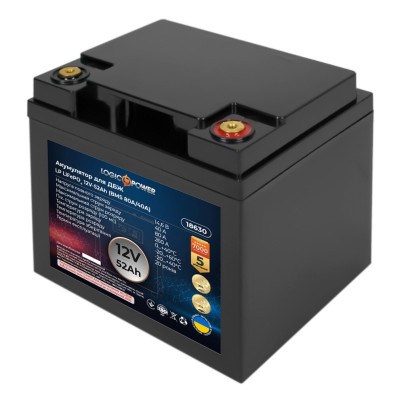 Акумулятор для ДБЖ LogicPower LiFePO4 12V-52 Ah BMS 80A/40А (LP18630) Акумулятор для ДБЖ LogicPower LiFePO4 12V-52 Ah BMS 80A/40А (LP18630)