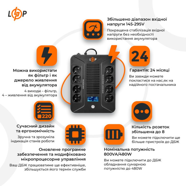 Источник бесперебойного питания (ИБП) LogicPower LP-UL800VA-8PS (480Вт) Источник бесперебойного питания (ИБП) LogicPower LP-UL800VA-8PS (480Вт)