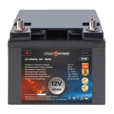 Аккумулятор для автомобиля литиевый LogicPower LP LiFePO4 12V - 90 Ah (+ слева)