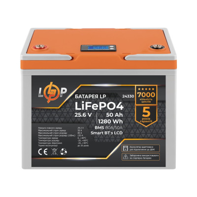 Аккумулятор LogicPower LP LiFePO4 25,6V - 50 Ah (1280Wh) (BMS 80A/50А) пластик LCD Smart BT