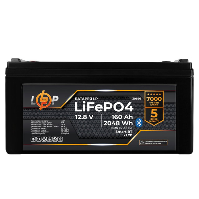 Акумулятор LogicPower LP LiFePO4 12,8V - 160 Ah (2048Wh) (BMS 160A/80А) пластик LCD Smart BT