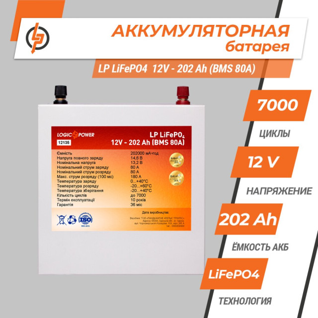 Аккумулятор LogicPower LP LiFePO4 12V (12,8V) - 202 Ah (2586Wh) (BMS 80A/40A) металл Аккумулятор LogicPower LP LiFePO4 12V (12,8V) - 202 Ah (2586Wh) (BMS 80A/40A) металл