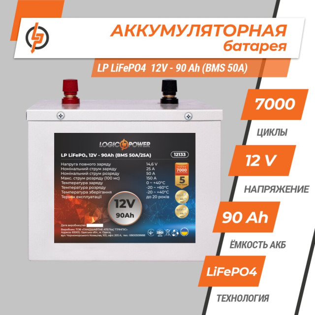 Аккумулятор LogicPower LP LiFePO4 12V (12,8V) - 90 Ah (1152Wh) (BMS 50A/25A) металл Аккумулятор LogicPower LP LiFePO4 12V (12,8V) - 90 Ah (1152Wh) (BMS 50A/25A) металл