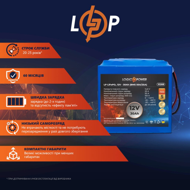 Аккумулятор LogicPower LP LiFePO4 12V - 30 Ah (BMS 50A/25A)