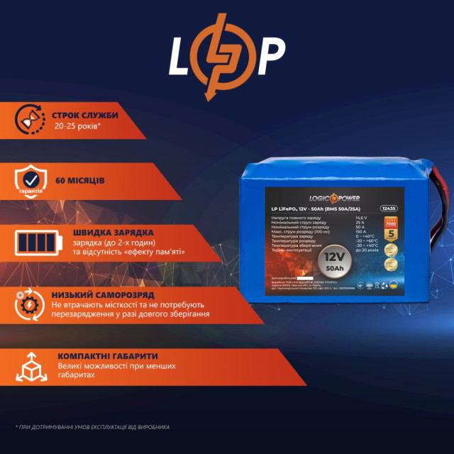 Аккумулятор LogicPower LP LiFePO4 12V - 50 Ah (BMS 50A/25А) Аккумулятор LogicPower LP LiFePO4 12V - 50 Ah (BMS 50A/25А)