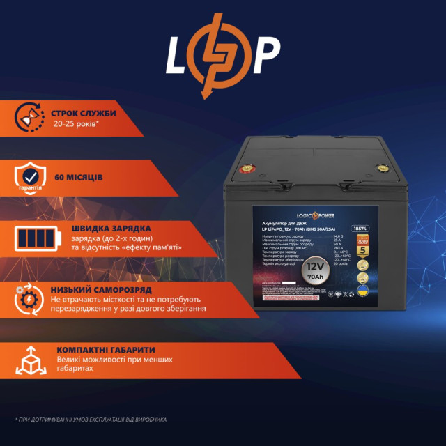 Аккумулятор LogicPower LP LiFePO4 12V - 70 Ah (BMS 50A/25А) пластик Аккумулятор LogicPower LP LiFePO4 12V - 70 Ah (BMS 50A/25А) пластик