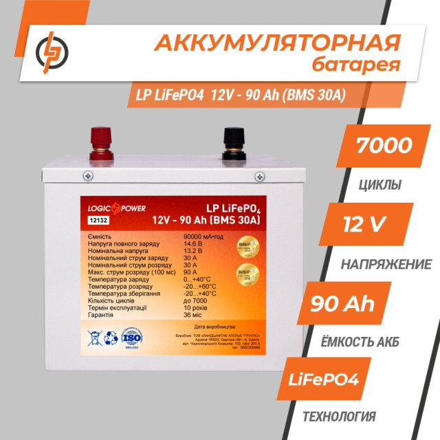 Аккумулятор LogicPower LP LiFePO4 12V - 90 Ah (BMS 30A/15A) металл