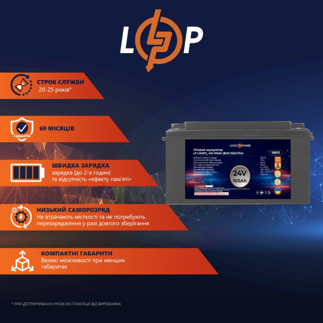 Аккумулятор LogicPower LP LiFePO4 24V - 105 Ah (BMS 150A/75А) пластик Аккумулятор LogicPower LP LiFePO4 24V - 105 Ah (BMS 150A/75А) пластик