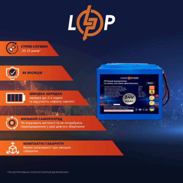 Аккумулятор LogicPower LP LiFePO4 24V - 105 Ah (BMS 80A/40А) металл Аккумулятор LogicPower LP LiFePO4 24V - 105 Ah (BMS 80A/40А) металл