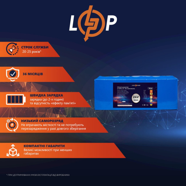 Аккумулятор LogicPower LP LiFePO4 24V - 150 Ah (BMS 80A/40А) Аккумулятор LogicPower LP LiFePO4 24V - 150 Ah (BMS 80A/40А)