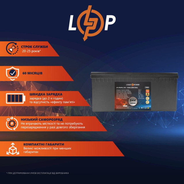 Аккумулятор LogicPower LP LiFePO4 24V (25,6V) - 140 Ah (3584Wh) (BMS 80A) пластик Аккумулятор LogicPower LP LiFePO4 24V (25,6V) - 140 Ah (3584Wh) (BMS 80A) пластик