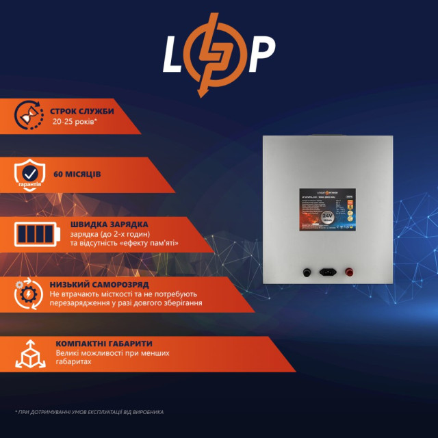 Аккумулятор LogicPower LP LiFePO4 24V (25,6V) - 180 Ah (4608Wh) (BMS 80A) металл Аккумулятор LogicPower LP LiFePO4 24V (25,6V) - 180 Ah (4608Wh) (BMS 80A) металл