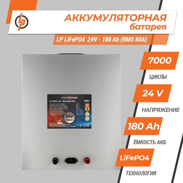 Аккумулятор LogicPower LP LiFePO4 24V (25,6V) - 180 Ah (4608Wh) (BMS 80A) металл Аккумулятор LogicPower LP LiFePO4 24V (25,6V) - 180 Ah (4608Wh) (BMS 80A) металл