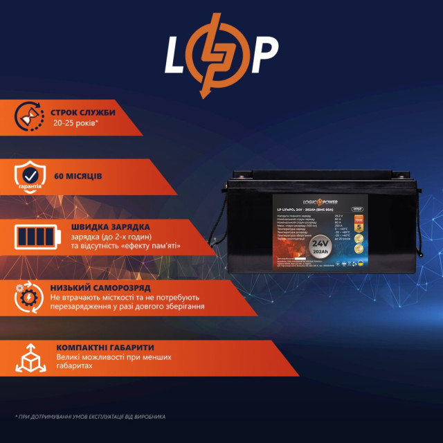 Аккумулятор LogicPower LP LiFePO4 24V (25,6V) - 202 Ah (5171Wh) (BMS 80A) пластик Аккумулятор LogicPower LP LiFePO4 24V (25,6V) - 202 Ah (5171Wh) (BMS 80A) пластик
