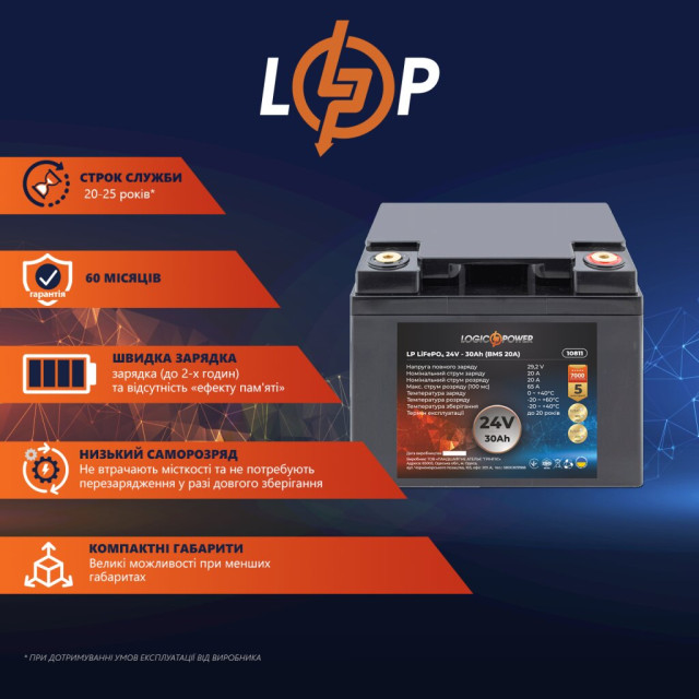 Аккумулятор LogicPower LP LiFePO4 24V (25,6V) - 30 Ah (768Wh) (BMS 20A) пластик Аккумулятор LogicPower LP LiFePO4 24V (25,6V) - 30 Ah (768Wh) (BMS 20A) пластик