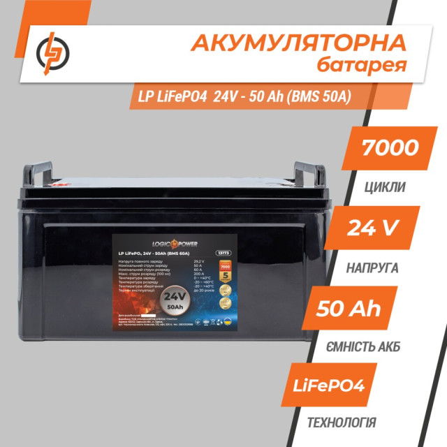 Акумулятор LogicPower LP LiFePO4 24V (25,6V) - 50 Ah (1280Wh) (BMS 60A) пластик Акумулятор LogicPower LP LiFePO4 24V (25,6V) - 50 Ah (1280Wh) (BMS 60A) пластик
