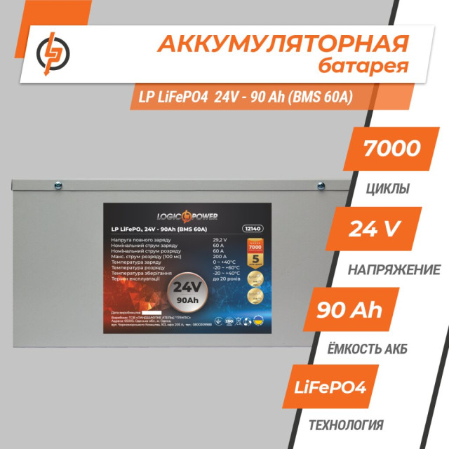 Акумулятор LogicPower LP LiFePO4 24V (25,6V) - 90 Ah (2304Wh) (BMS 60A) металл Акумулятор LogicPower LP LiFePO4 24V (25,6V) - 90 Ah (2304Wh) (BMS 60A) металл