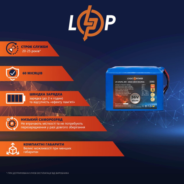 Акумулятор LogicPower LP LiFePO4 36V (38,4V) - 202 Ah (7757Wh) (BMS 60A/30A)
