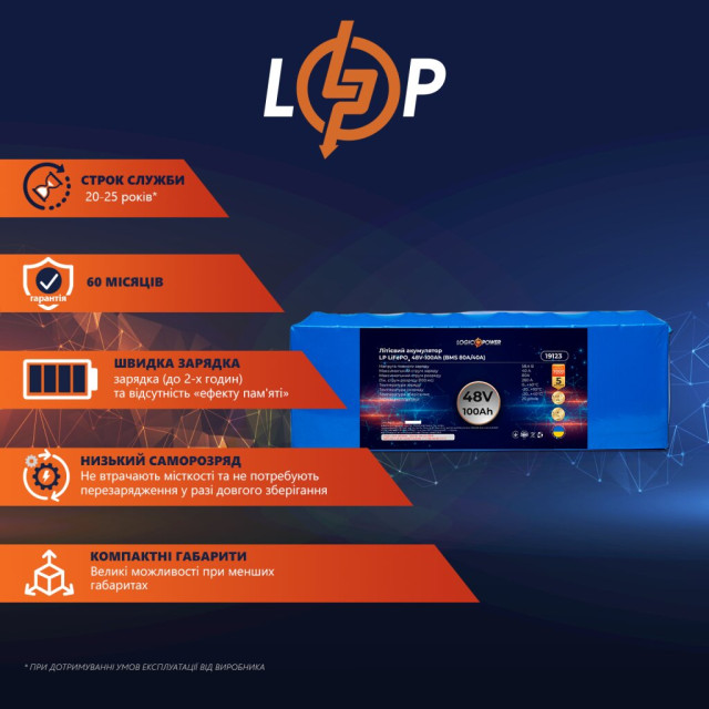 Аккумулятор LogicPower LP LiFePO4 48V - 100 Ah (BMS 80А/40A) Аккумулятор LogicPower LP LiFePO4 48V - 100 Ah (BMS 80А/40A)