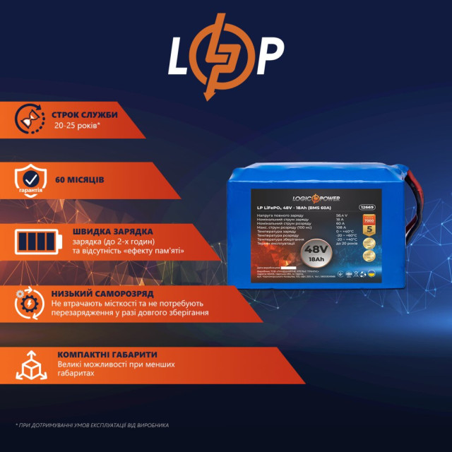 Аккумулятор LogicPower LP LiFePO4 48V - 18 Ah (BMS 60A) Аккумулятор LogicPower LP LiFePO4 48V - 18 Ah (BMS 60A)