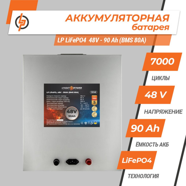 Акумулятор LogicPower LP LiFePO4 48V (51,2V) - 90 Ah (4608Wh) (BMS 80A) металл Акумулятор LogicPower LP LiFePO4 48V (51,2V) - 90 Ah (4608Wh) (BMS 80A) металл