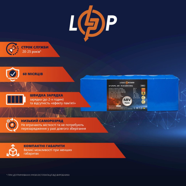 Акумулятор LogicPower LP LiFePO4 48V - 75 Ah (BMS 120А) Акумулятор LogicPower LP LiFePO4 48V - 75 Ah (BMS 120А)