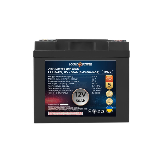 Аккумулятор LogicPower LP LiFePO4 для ИБП 12V (12,8V) - 50 Ah (640Wh) (BMS 80A/40A) пластик Аккумулятор LogicPower LP LiFePO4 для ИБП 12V (12,8V) - 50 Ah (640Wh) (BMS 80A/40A) пластик