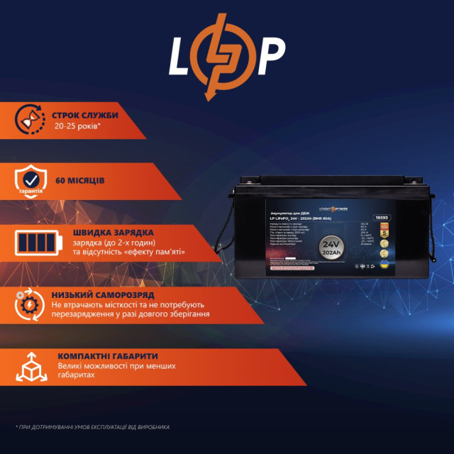 Акумулятор LogicPower LP LiFePO4 для ДБЖ 24V (25,6V) - 202 Ah (5171Wh) (BMS 60A) пластик