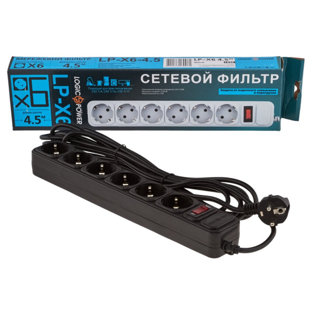 Мережевий фільтр LogicPower LP-X6 4.5 м Black