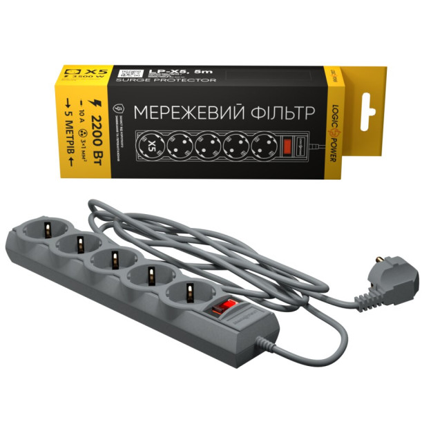 Мережевий фільтр PREMIUM LogicPower LP-X5 5 м Grey (2200Вт)