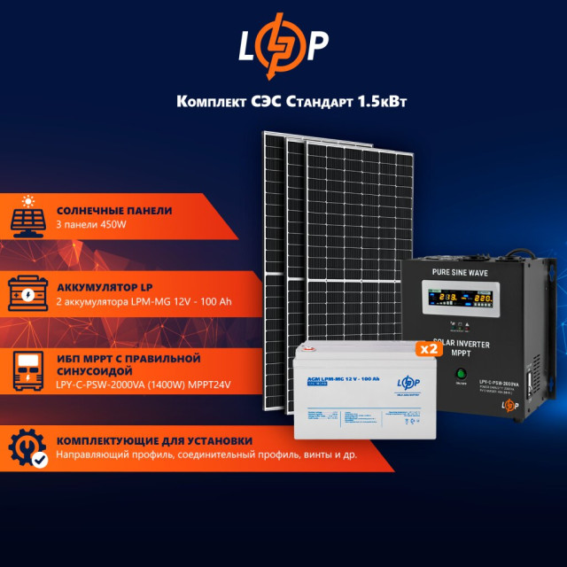 Сонячна електростанція (СЕС) Стандарт 1.5kW АКБ 2.4kWh mGel 100 Ah