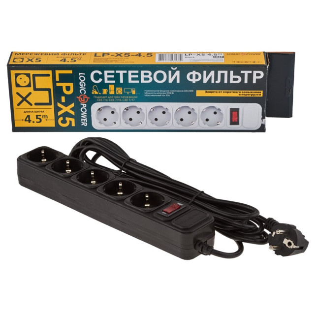 Мережевий фільтр LogicPower LP-X5 4.5 м Black