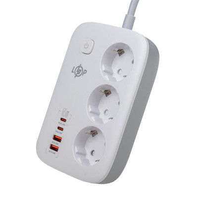Мережевий фільтр (подовжувач) LogicPower LP F65WG4 (3x220V-3520W, 2xUSB-60W, 2xType-C 65W QC/PD)