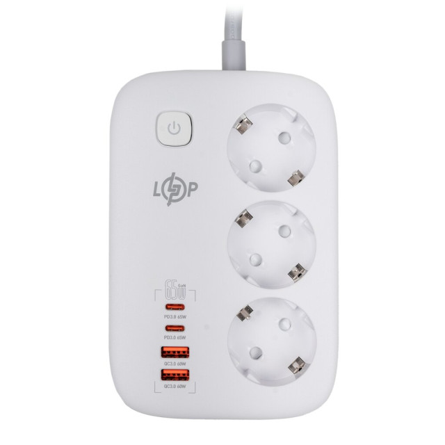 Мережевий фільтр (подовжувач) LogicPower LP F65WG4 (3x220V-3520W, 2xUSB-60W, 2xType-C 65W QC/PD) Мережевий фільтр (подовжувач) LogicPower LP F65WG4 (3x220V-3520W, 2xUSB-60W, 2xType-C 65W QC/PD)