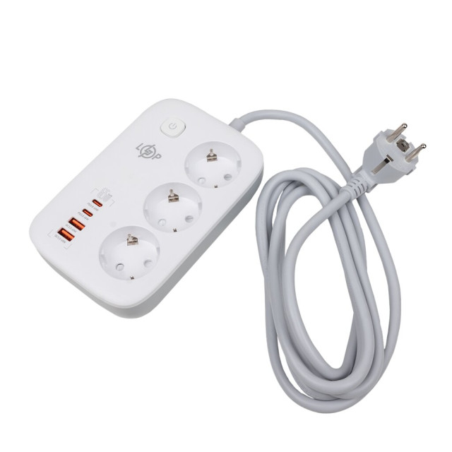 Мережевий фільтр (подовжувач) LogicPower LP F65WG4 (3x220V-3520W, 2xUSB-60W, 2xType-C 65W QC/PD) Мережевий фільтр (подовжувач) LogicPower LP F65WG4 (3x220V-3520W, 2xUSB-60W, 2xType-C 65W QC/PD)